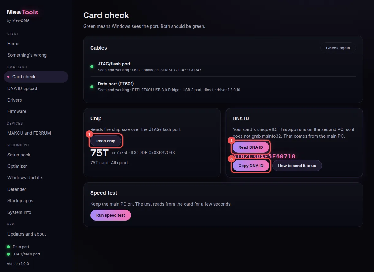 Card check: 1 Read chip shows the chip size, 2 Read DNA ID shows the DNA ID under it, 3 Copy DNA ID