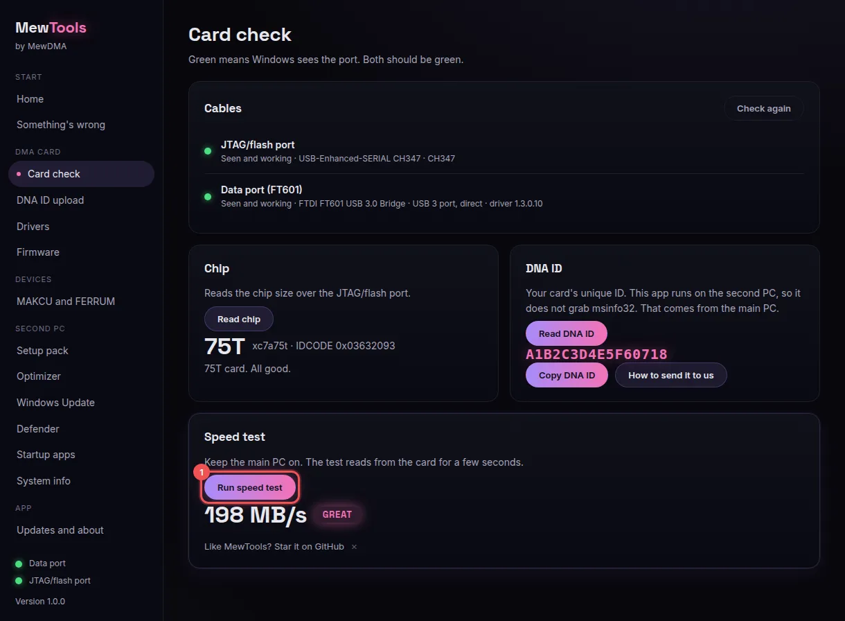 Speed test: 1 Run speed test, then the result, 198 MB/s rated GREAT