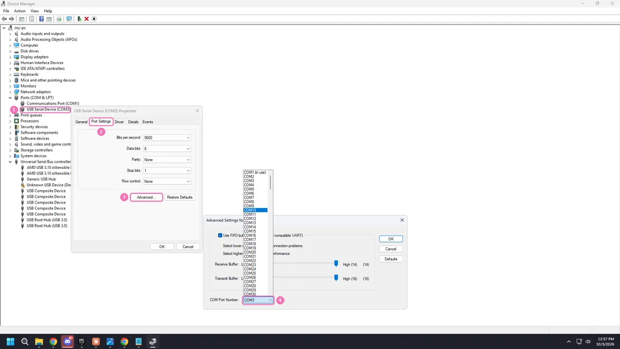 Device Manager: 1 the device under Ports (COM & LPT), 2 the Port Settings tab, 3 Advanced, 4 the COM Port Number list