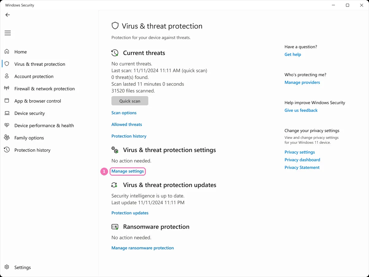 Virus & threat protection in Windows Security, with 1 on Manage settings