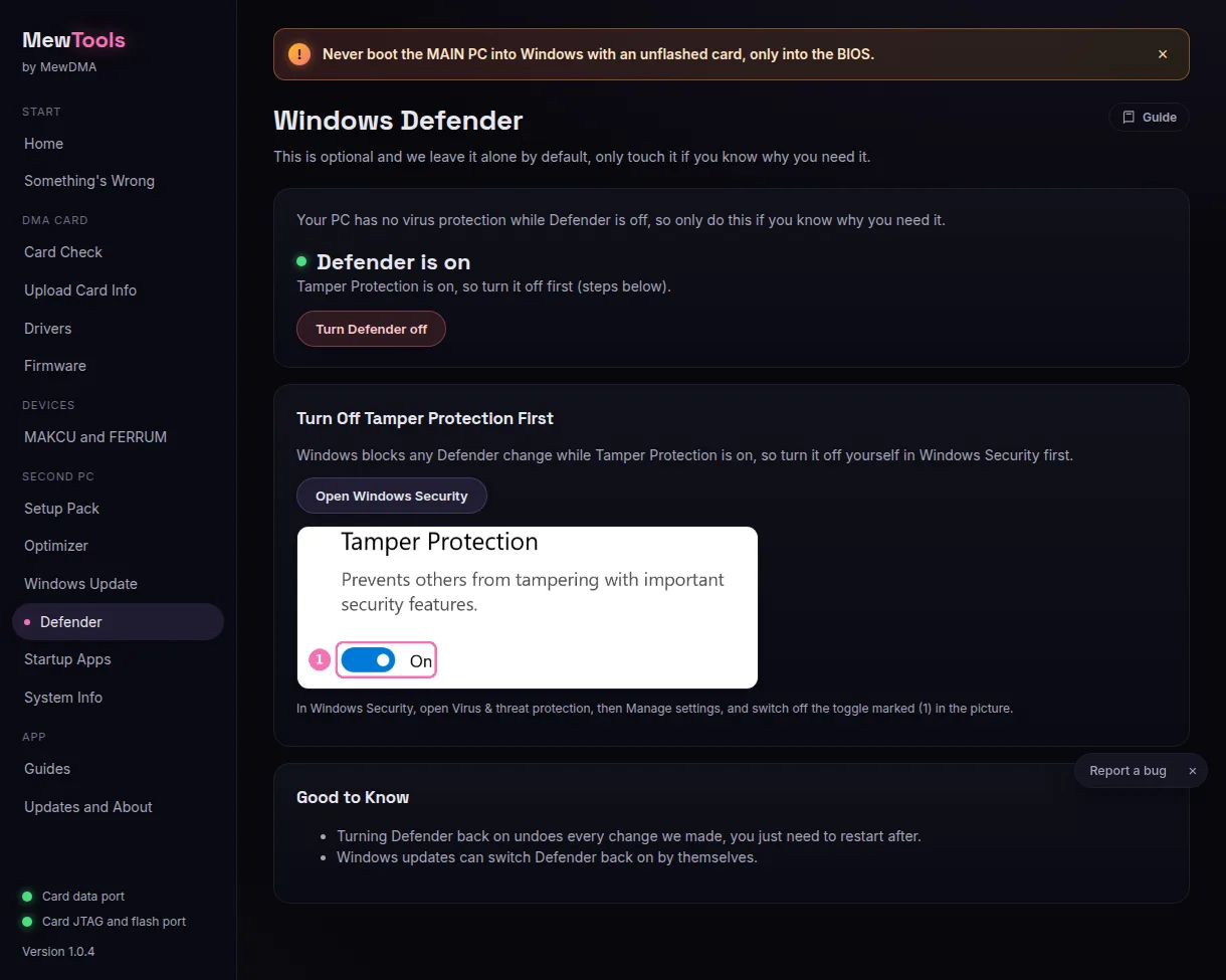 MewTools' Defender page: Defender is on, the Turn Defender off button, and how to turn Tamper Protection off first