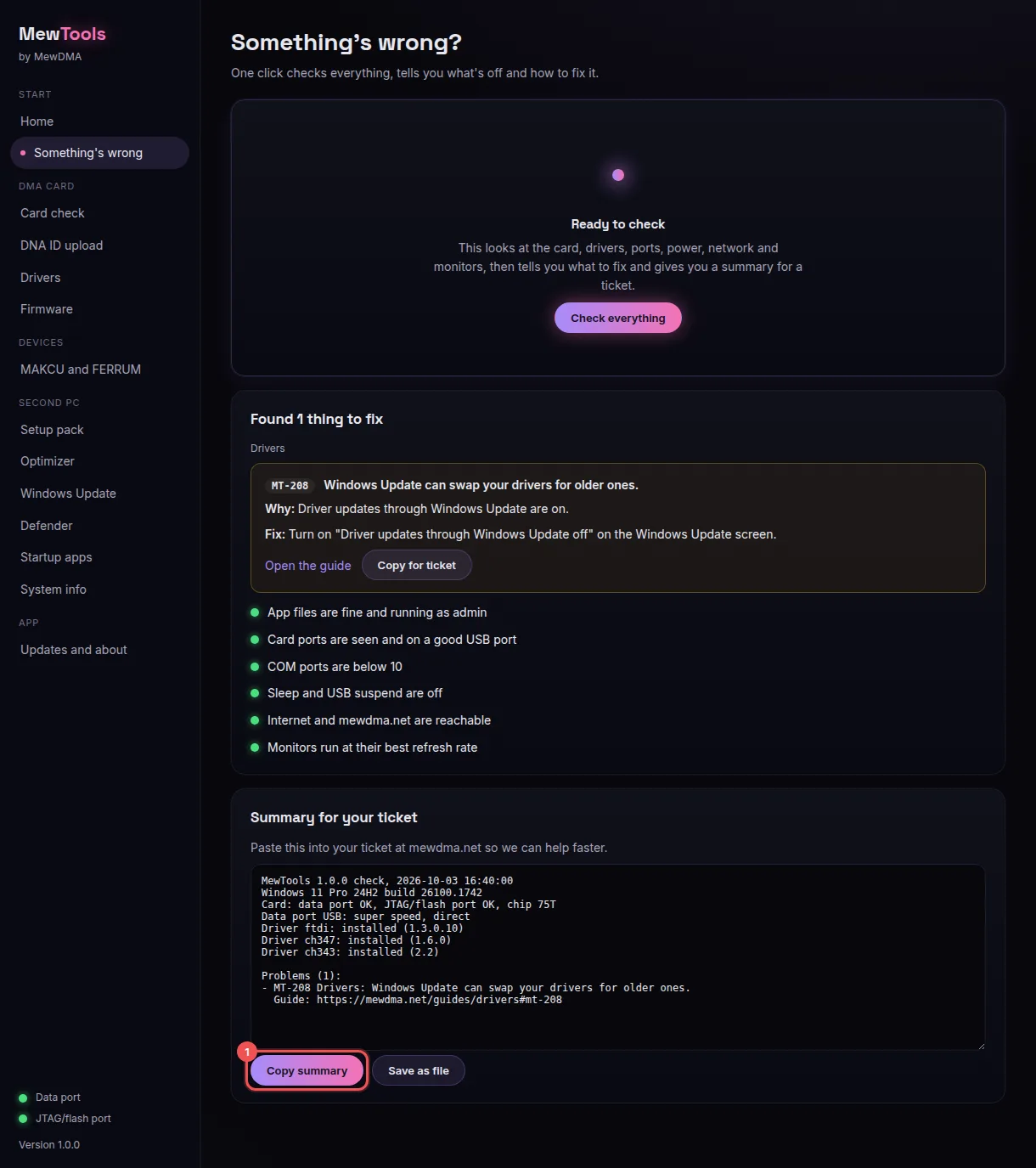 Something's wrong: what it found, then 1 Copy summary for your ticket