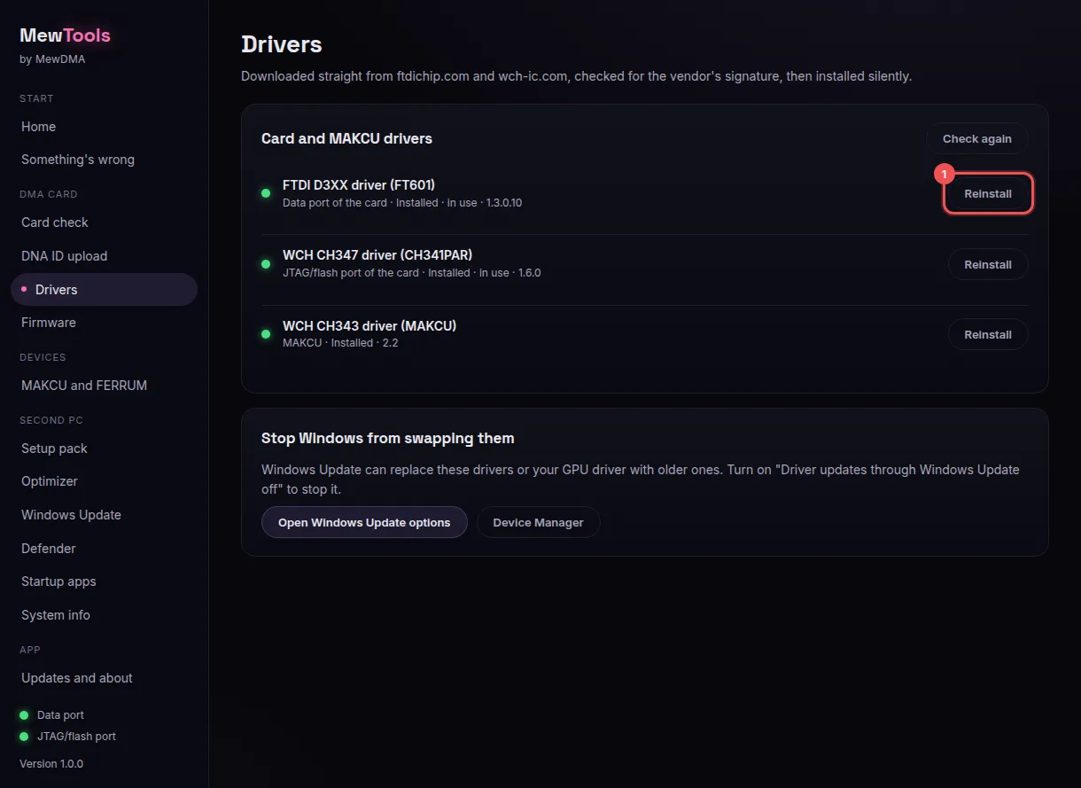Drivers: 1 is the Install button next to each driver. It says Reinstall once the driver is in
