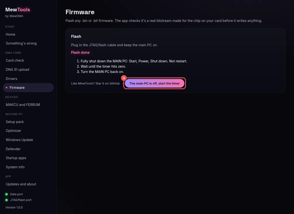 Flash done: shut down the main PC, then 3 The main PC is off, start the timer