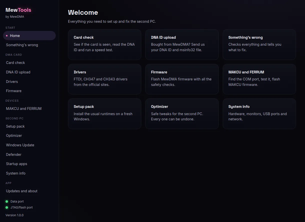 The MewTools home screen. Everything is in the menu on the left