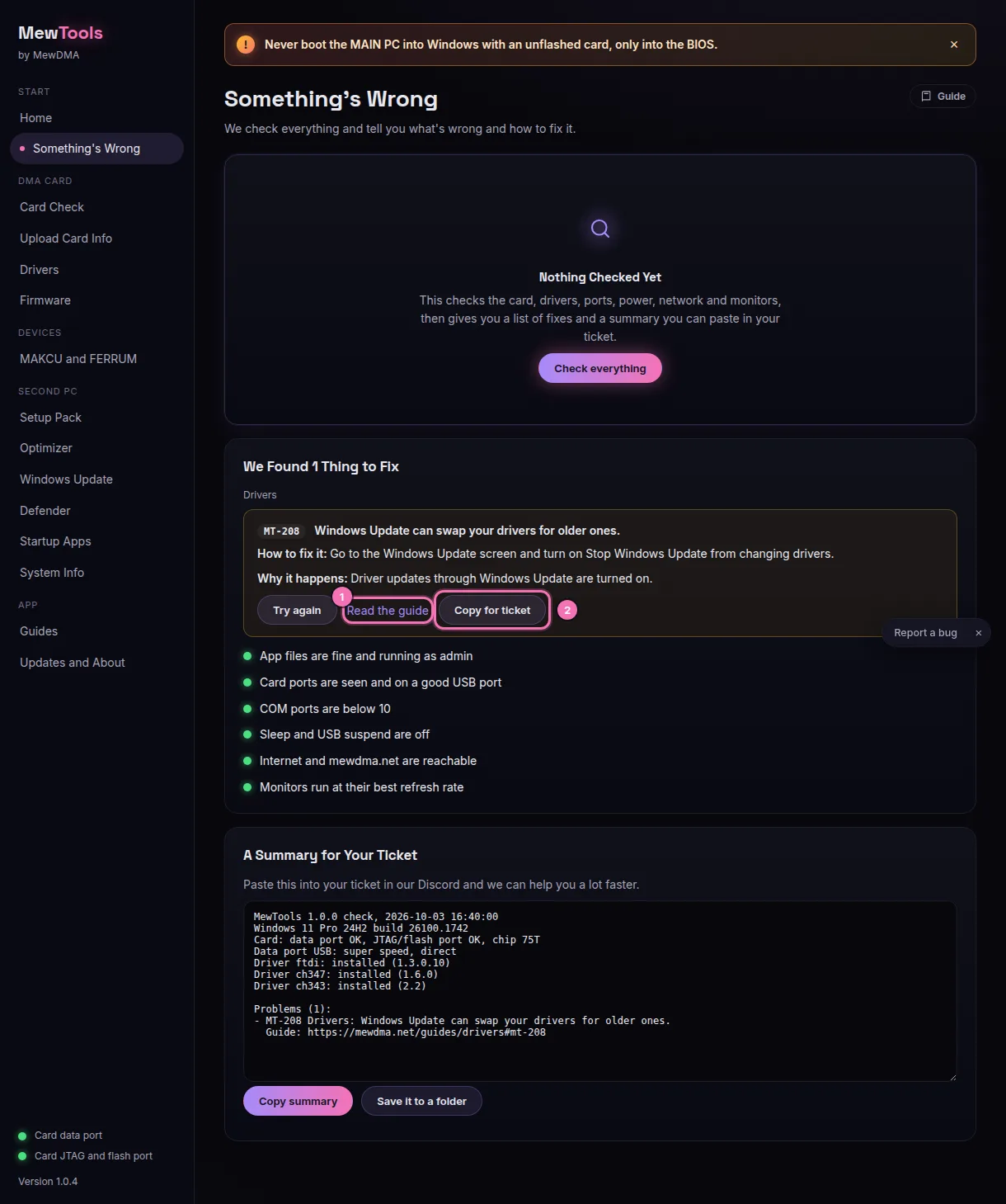 Eén gevonden probleem: 1 Read the guide opent de oplossing op onze site, 2 Copy for ticket kopieert alleen dat probleem
