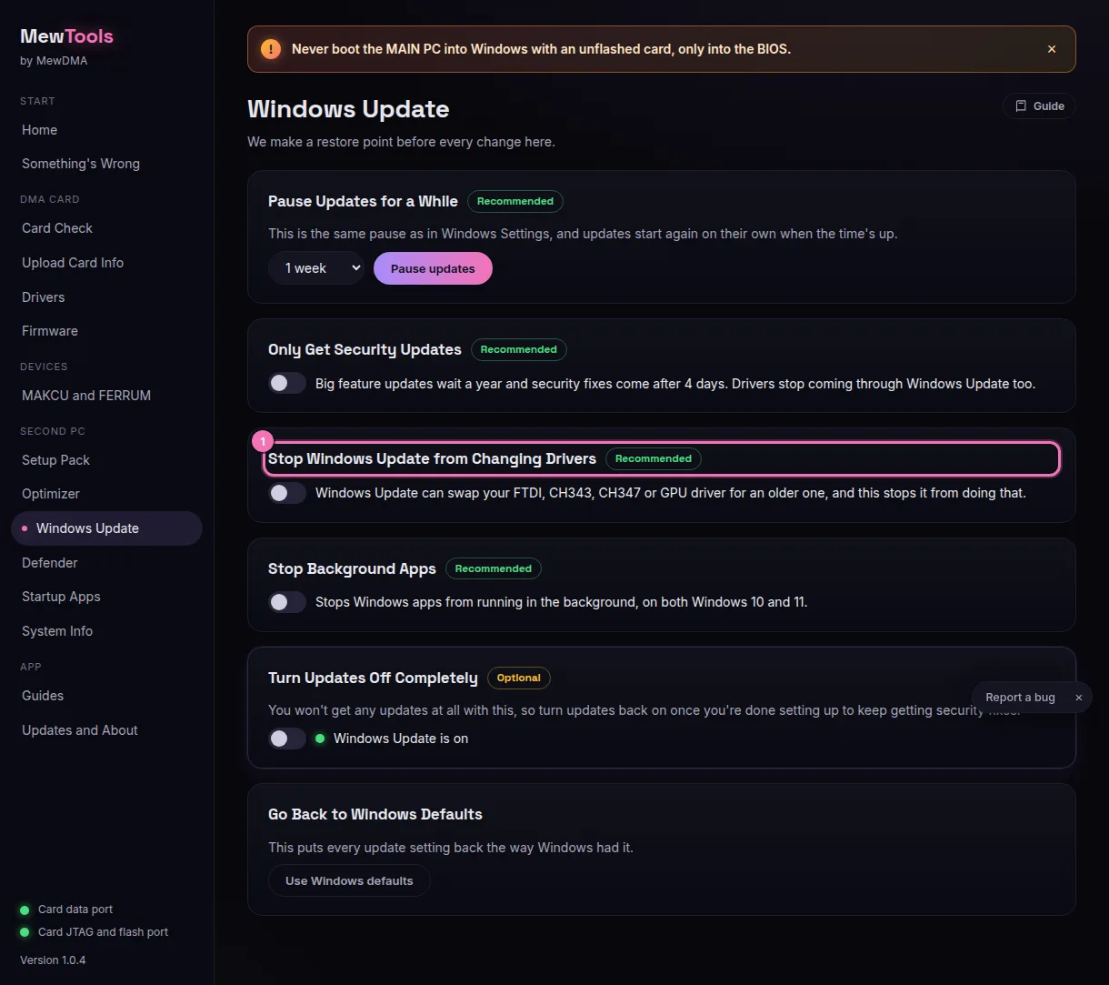 MewTools 的 Windows Update 页面：Pause Updates for a While、Only Get Security Updates、1 Stop Windows Update from Changing Drivers、Stop Background Apps、Turn Updates Off Completely 和 Go Back to Windows Defaults