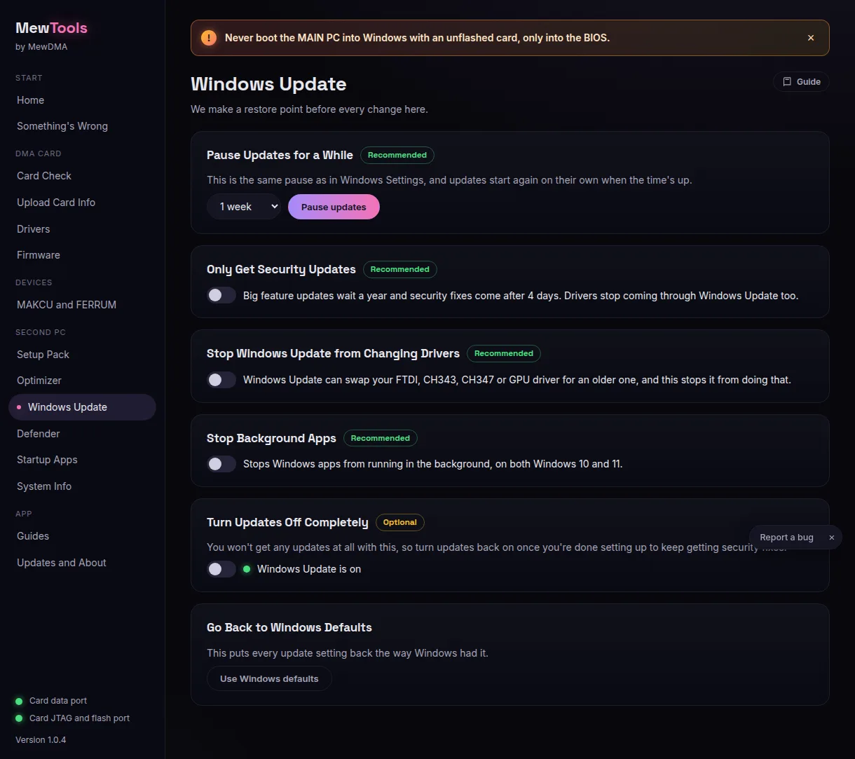 MewTools' Windows Update page: Pause updates for a while, Only get security updates, Stop Windows Update from changing drivers, Stop background apps, Turn updates off completely and Go back to Windows defaults