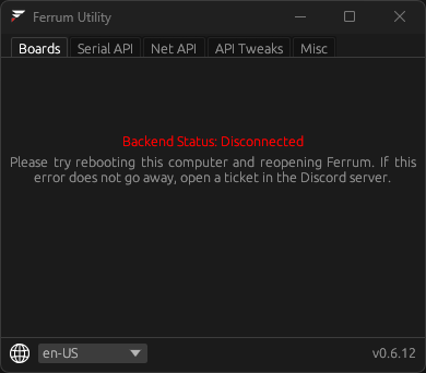 Backend Status: Disconnected in Rot, mit der eigenen Meldung von Ferrum, neu zu starten und es wieder zu öffnen