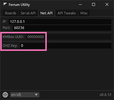 The Net API tab with KMBox UUID and DHZ Key boxed