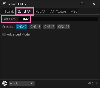 The Serial API tab with the tab and the Port Path COM2 boxed