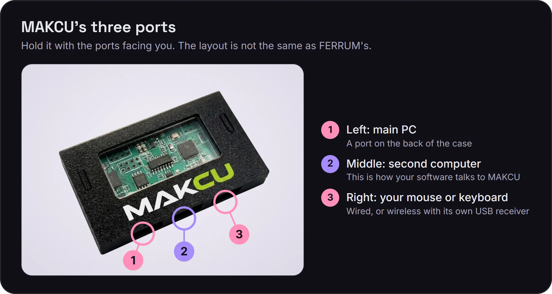 MAKCU's three ports: USB 1 to your main PC, USB 2 to your second computer, USB 3 for your mouse