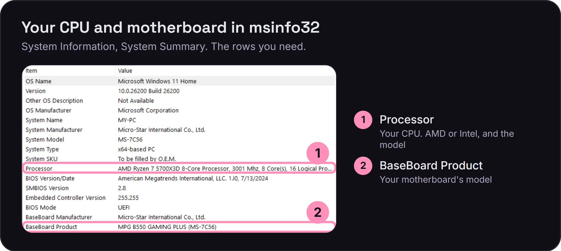 System Information's System Summary with two rows marked: Processor, your CPU, and BaseBoard Product, your motherboard model