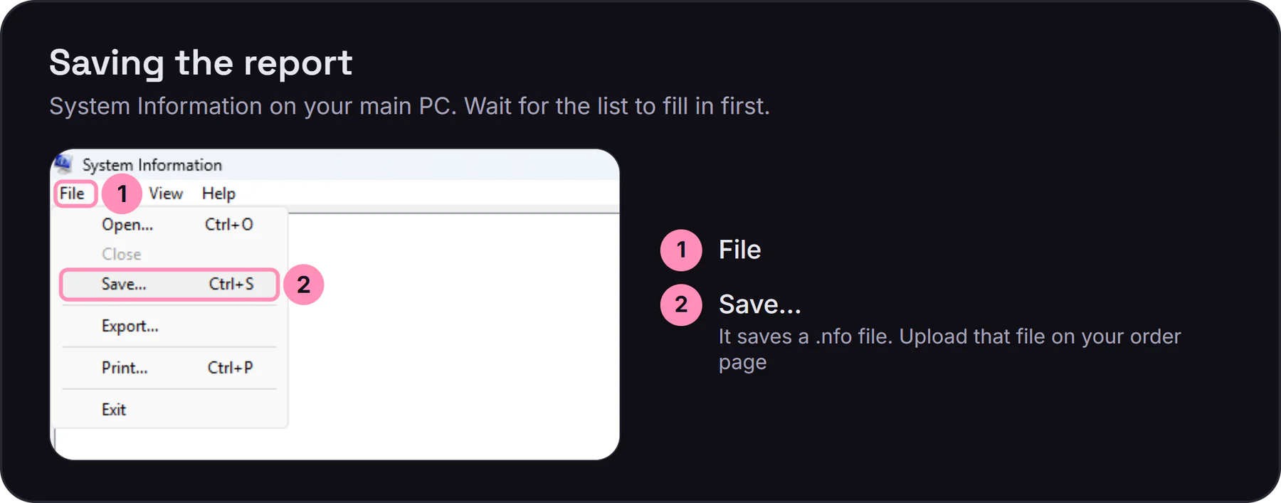 System Information with the File menu open and Save highlighted. It saves a .nfo file you upload on your order page