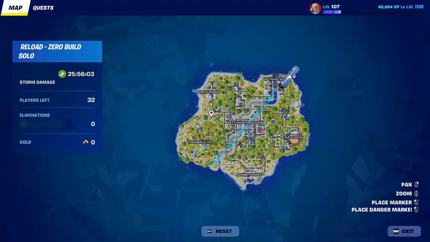 Die Karte während des Cups: Reload Zero Build Solo, der Absprung-Timer auf 25:56:03 und der Battle Bus schon über der Insel
